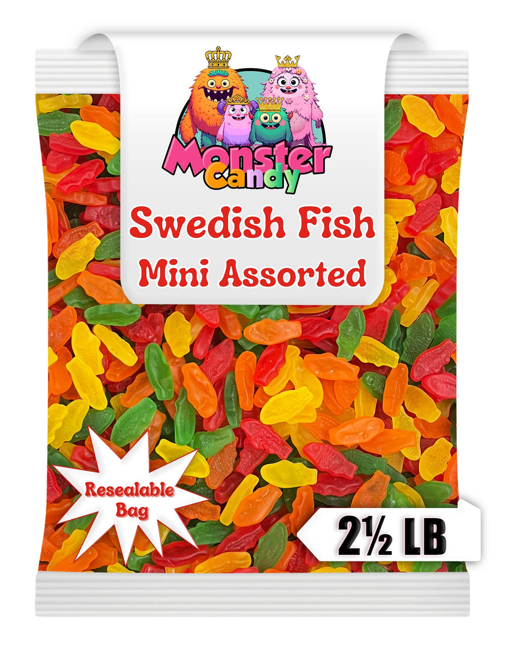Monster Candy Swedishs Fish bulk in resealable bag for easy sharing.