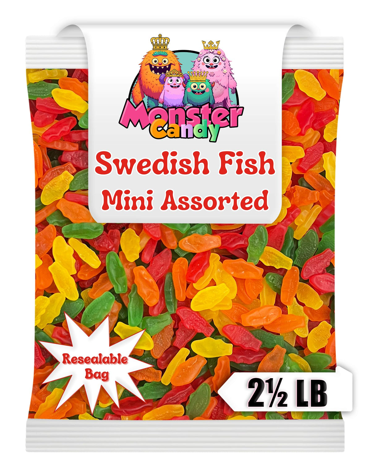 Monster Candy Swedishs Fish bulk in resealable bag for easy sharing.