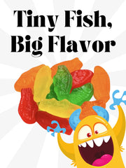 Monster Candy Swedishs Fish mini chewy gummies for on-the-go.
