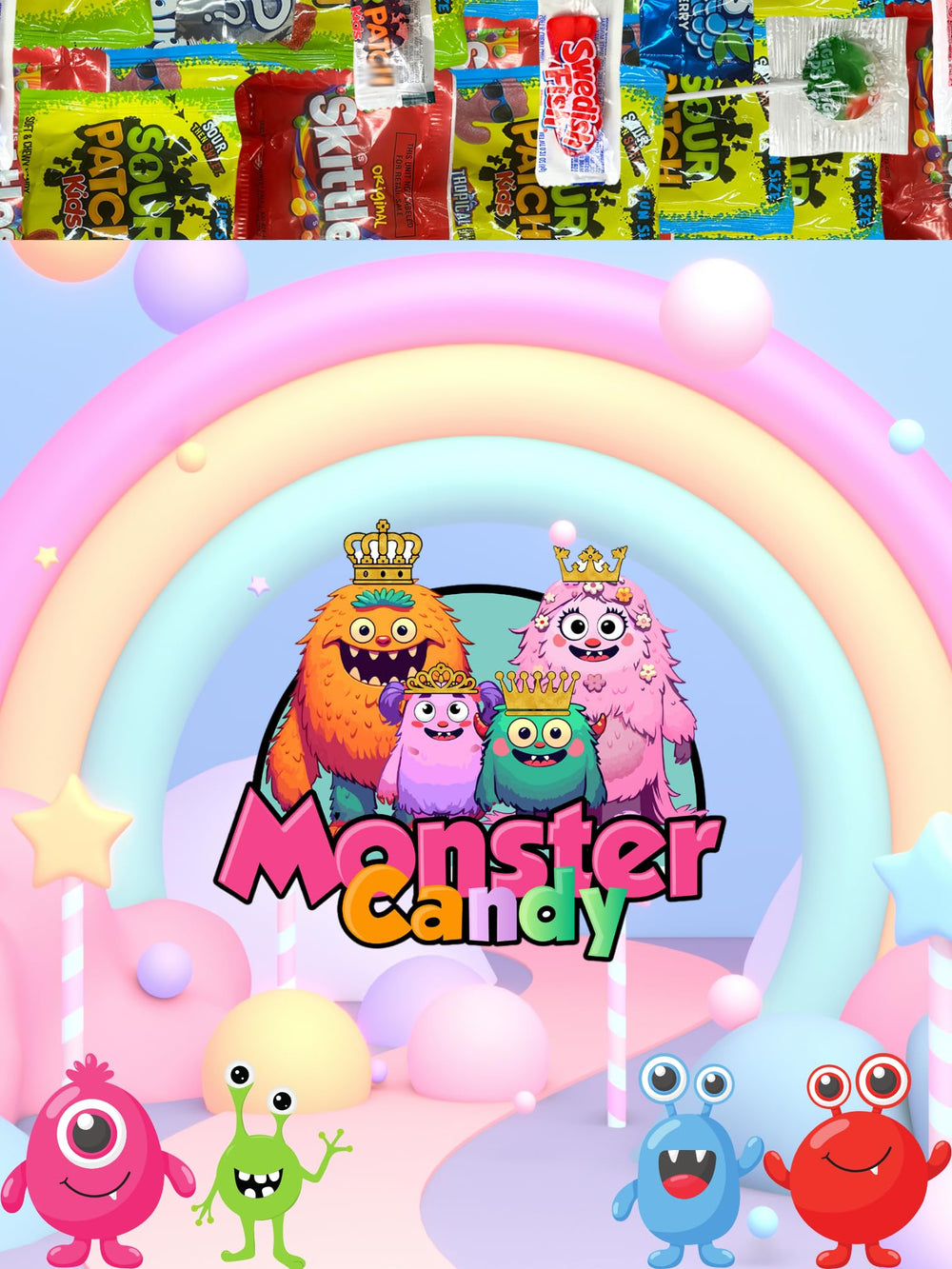 Monster Candy packaging creates an eye-catching display on party tables.