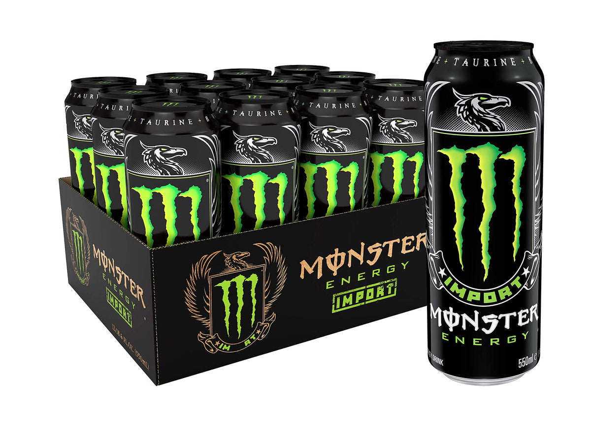Monster Energy Import can front view, offering a bold energy boost for workouts.
