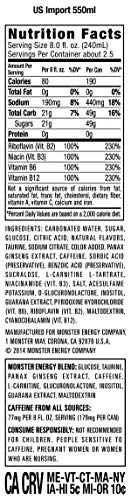 Monster Energy Import label close-up, highlighting European flavor notes and strong buzz.