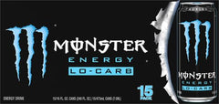 Monster Energy Lo-Carb can close-up showing compact nutrition label