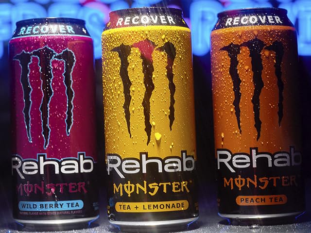 Monster Energy Rehab assorted cans highlight non-carbonated, low-calorie options.