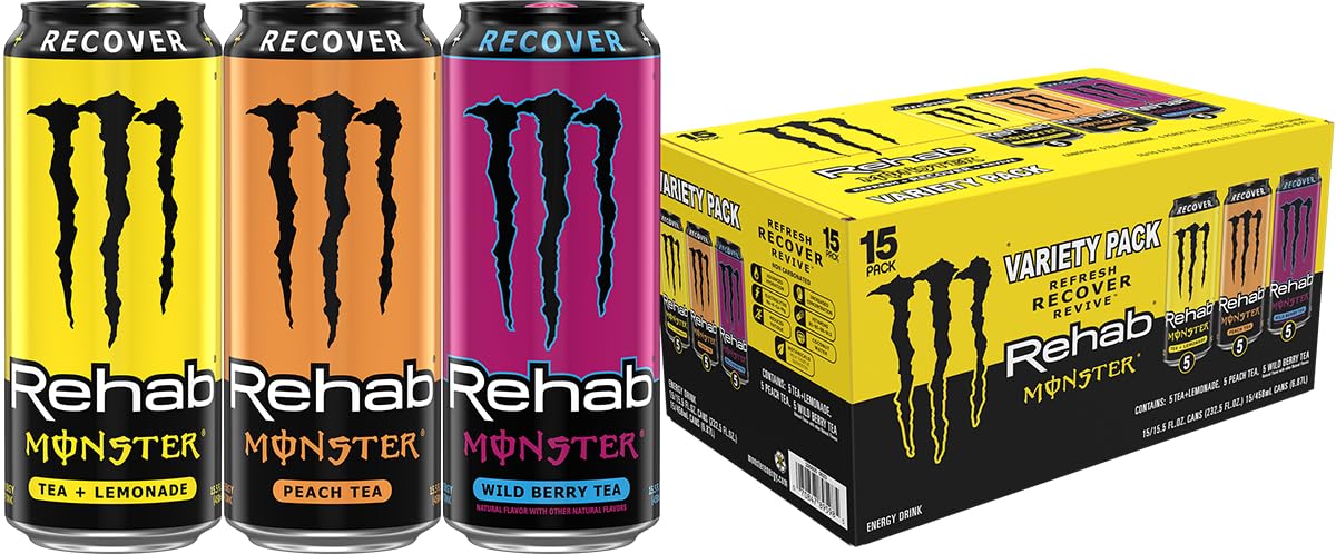 Monster Energy Rehab Tea Lemonade can, refreshing tea blend for study sessions and focus.