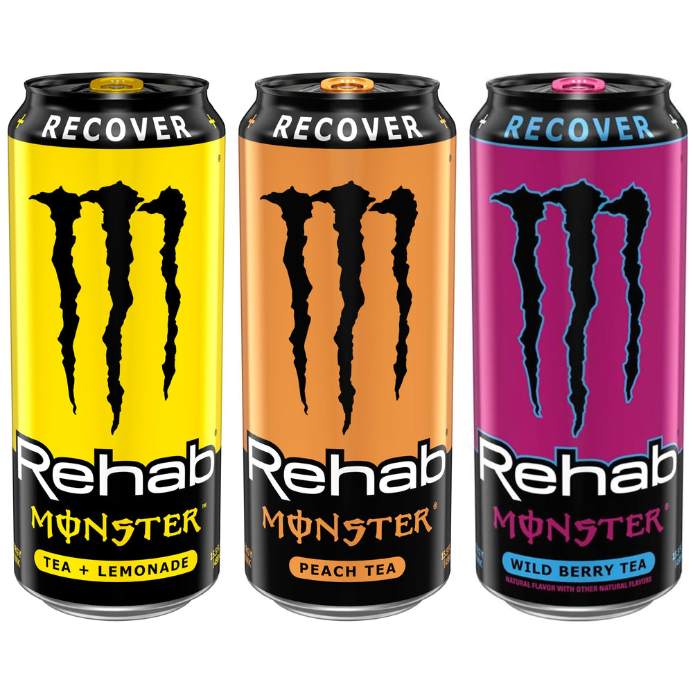 Monster Energy Rehab Variety Pack display showing all three flavors in one place.