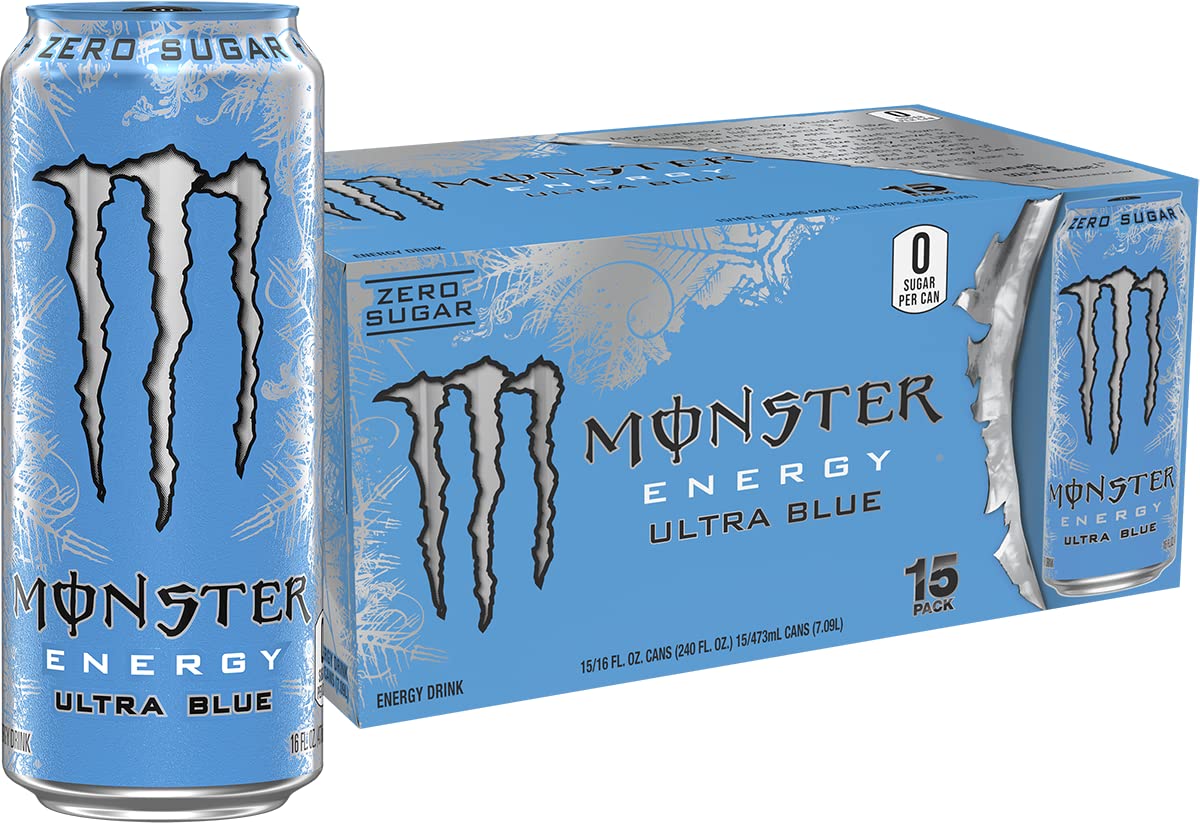 Monster Energy Ultra Blue can close-up showing bold blue raspberry flavor and zero sugar