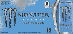 Monster Energy Ultra Blue 16-ounce can with label details and zero sugar claim