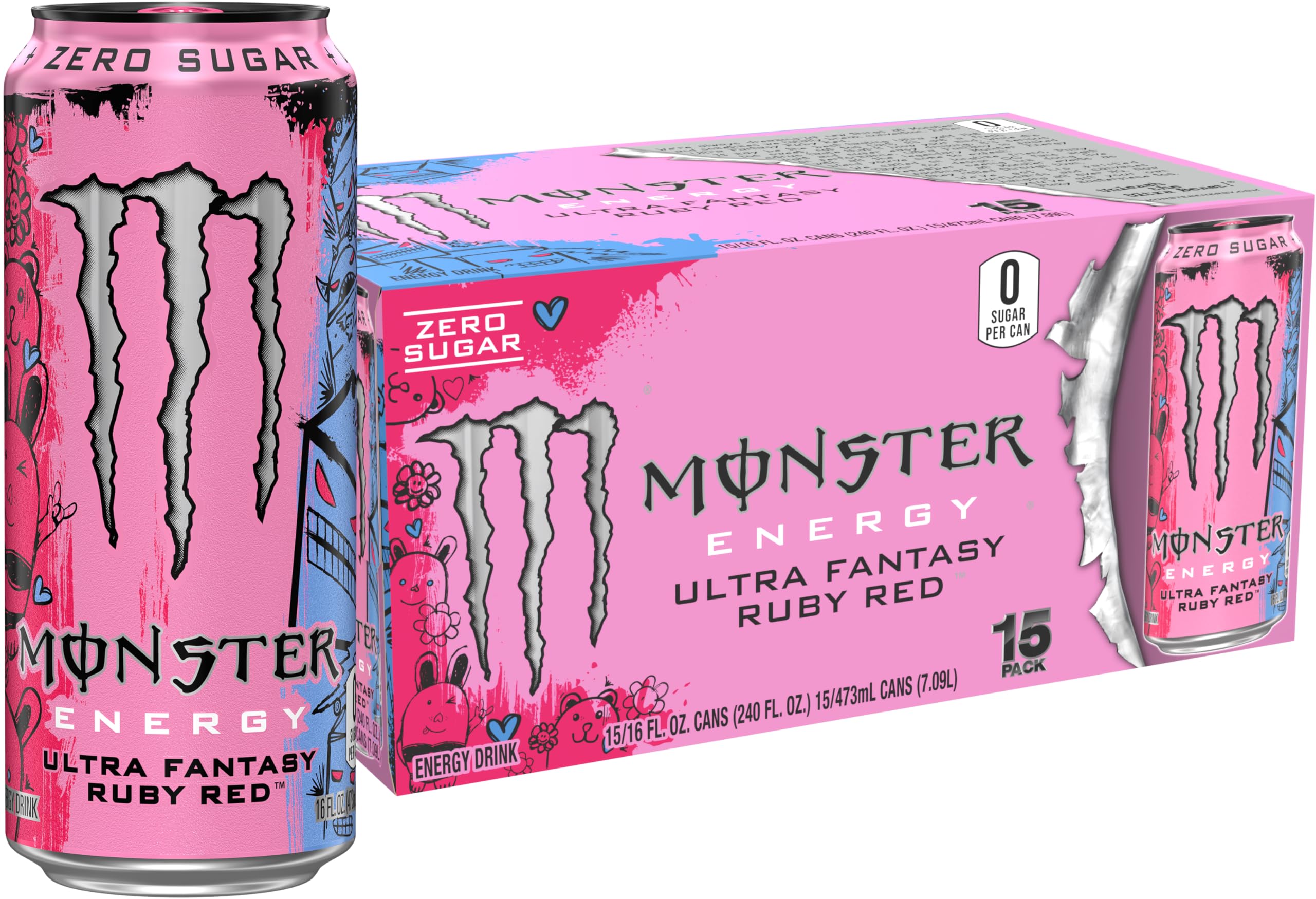 Monster Energy Ultra Fantasy Ruby Red can demonstrates zero sugar and bold citrus flavor
