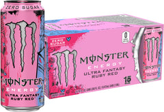 Monster Energy Ultra Fantasy Ruby Red can demonstrates zero sugar and bold citrus flavor