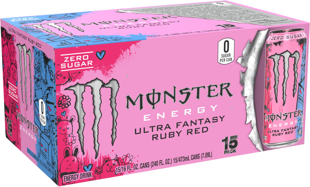 15-pack display of Monster Ultra Fantasy Ruby Red for on the go energy