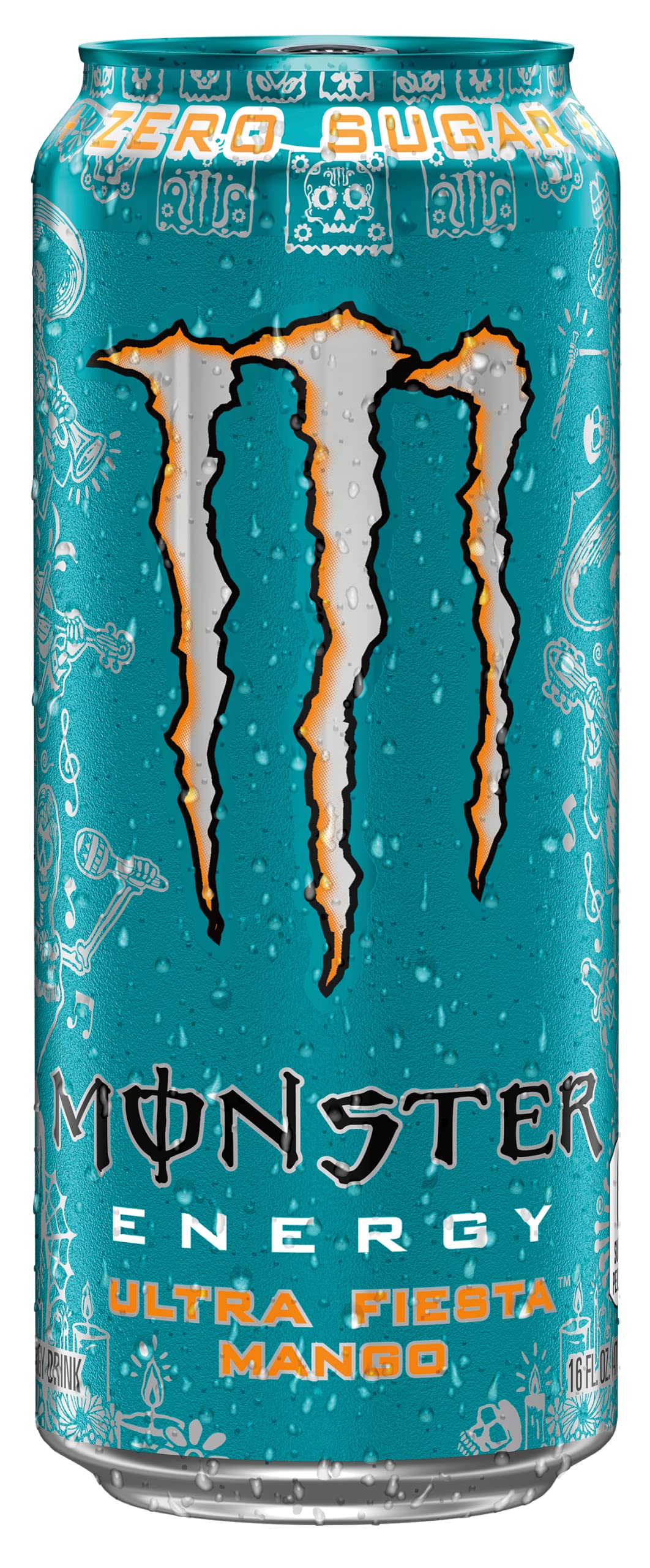 Monster Energy Ultra Fiesta Mango bottle label close-up, highlighting zero sugar and bold branding.