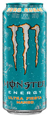 Monster Energy Ultra Fiesta Mango bottle label close-up, highlighting zero sugar and bold branding.