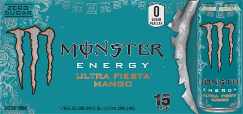 Monster Energy Ultra Fiesta Mango being poured into a glass for an on-the-go energy boost.