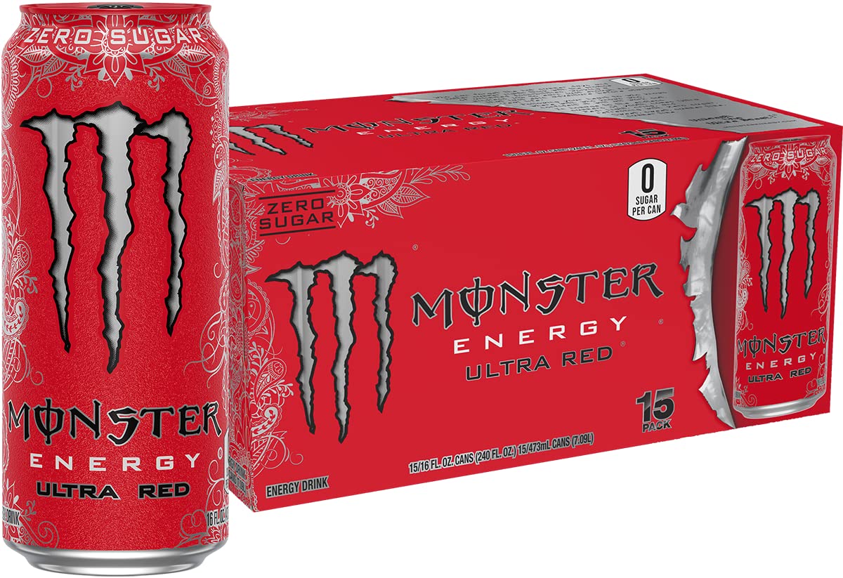 Monster Energy Ultra Red bottle with zero calories and zero sugar, crisp berry flavor.