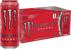 Monster Energy Ultra Red bottle with zero calories and zero sugar, crisp berry flavor.