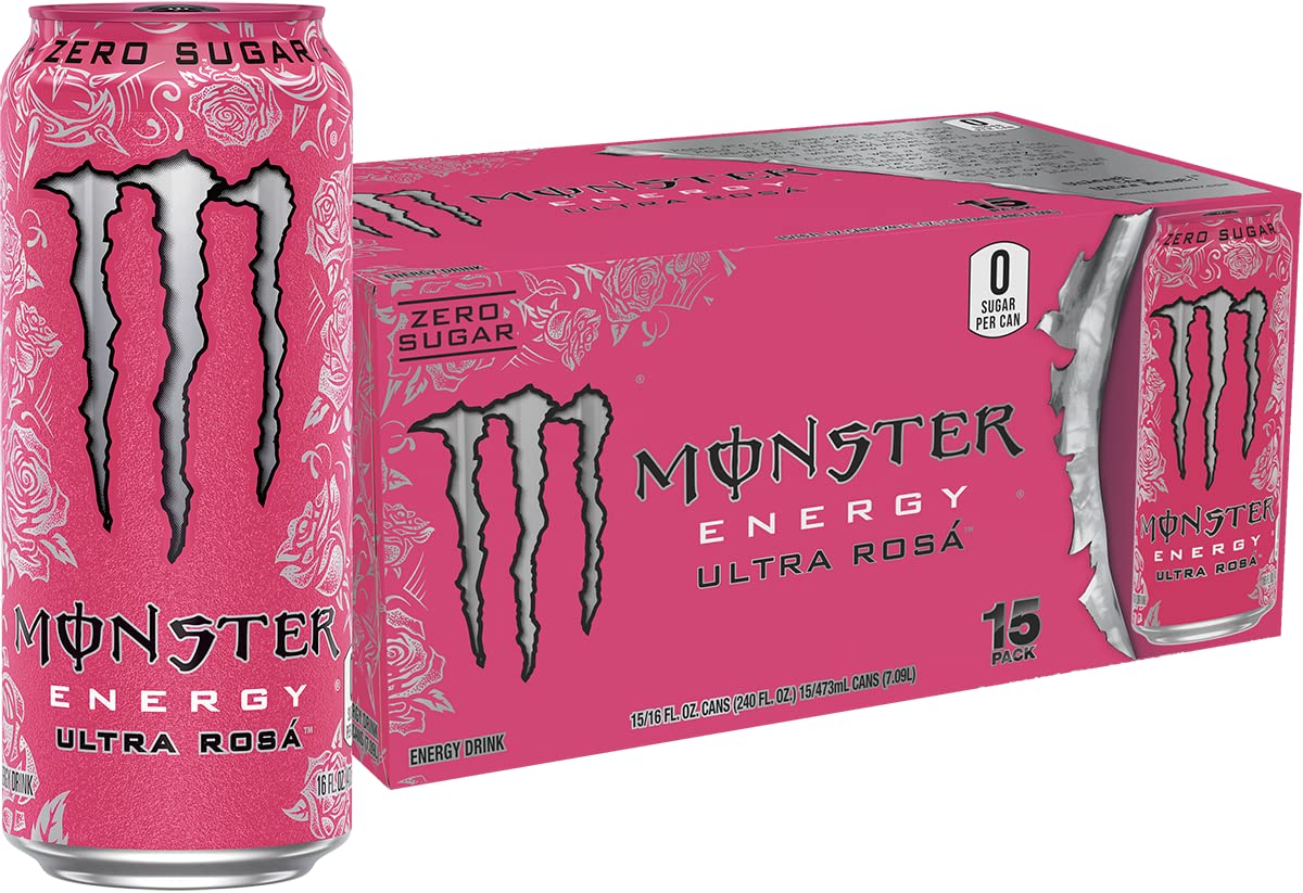Monster Energy Ultra Rosa can front view, zero sugar, bold flavor for active days.