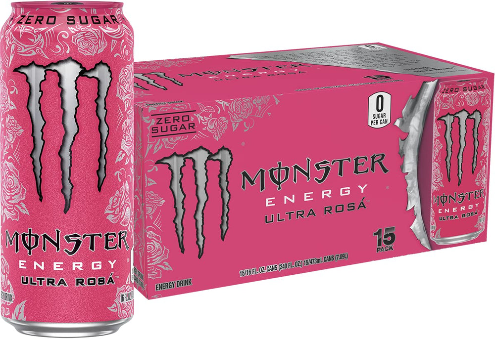 Monster Energy Ultra Rosa can front view, zero sugar, bold flavor for active days.