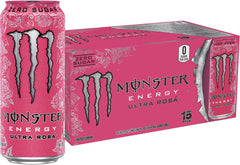 Monster Energy Ultra Rosa can front view, zero sugar, bold flavor for active days.