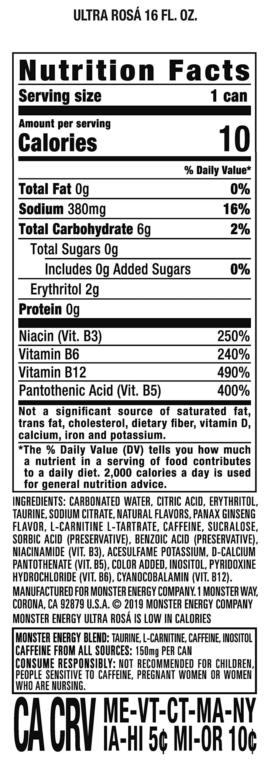 Monster Energy Ultra Rosa can nutrition facts close-up, zero sugar option for active days.