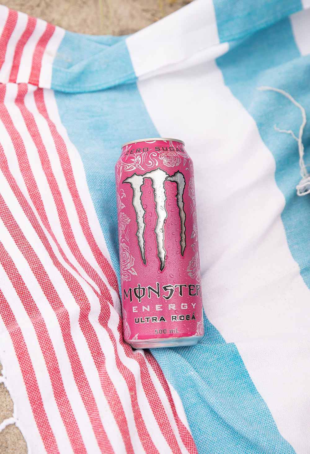 Monster Energy Ultra Rosa label close-up, pink floral design signaling a floral finish.