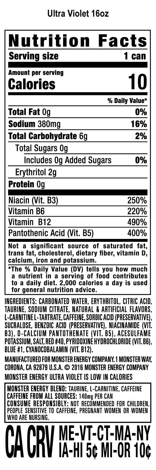 Ultra Violet label closeup highlighting zero sugar and low-calorie energy.