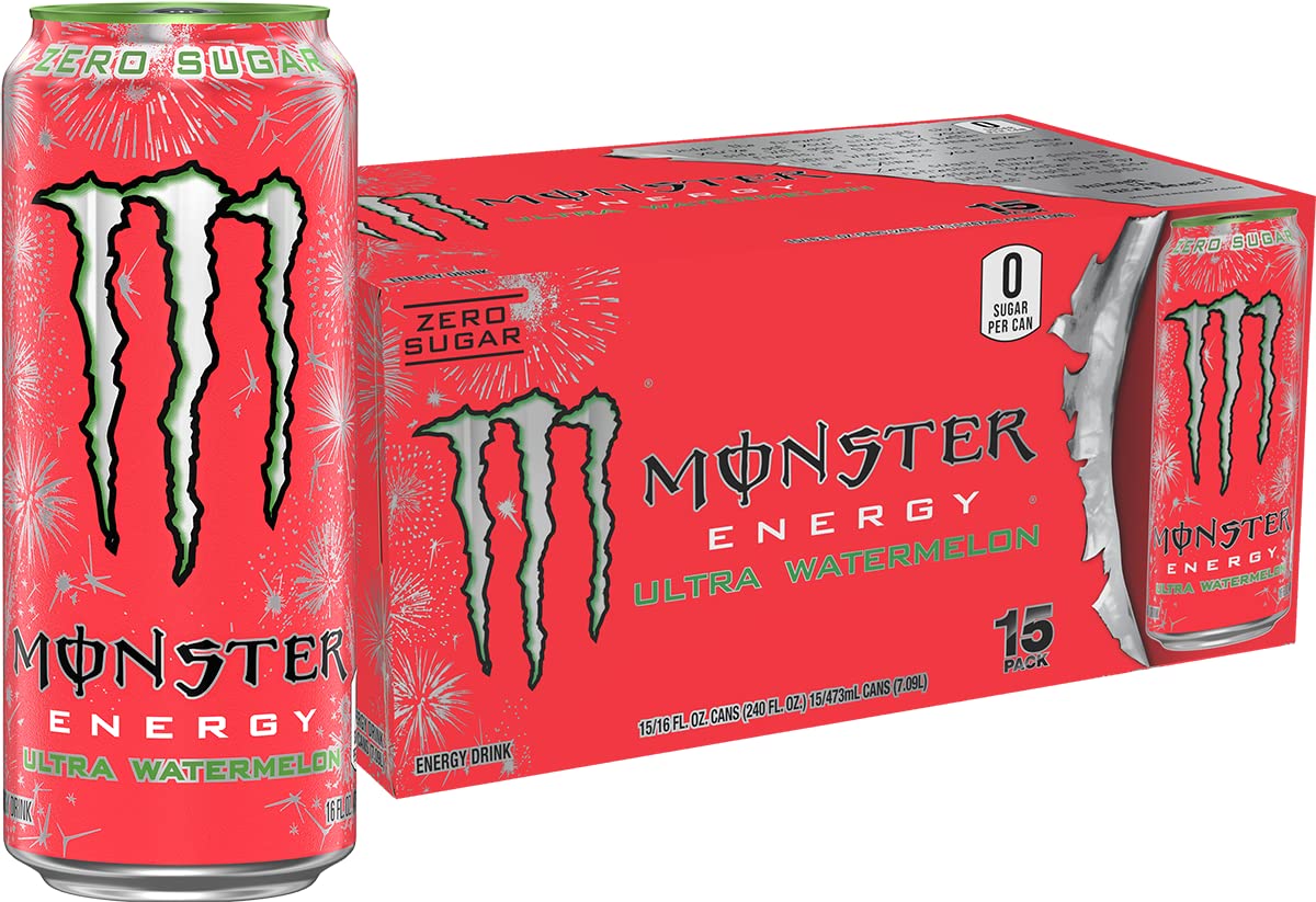 Monster Energy Ultra Watermelon can front view emphasizing zero sugar and bold flavor.