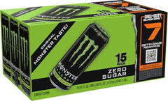 Monster Energy Zero Sugar Original Green 15-pack display, convenient low-calorie boost