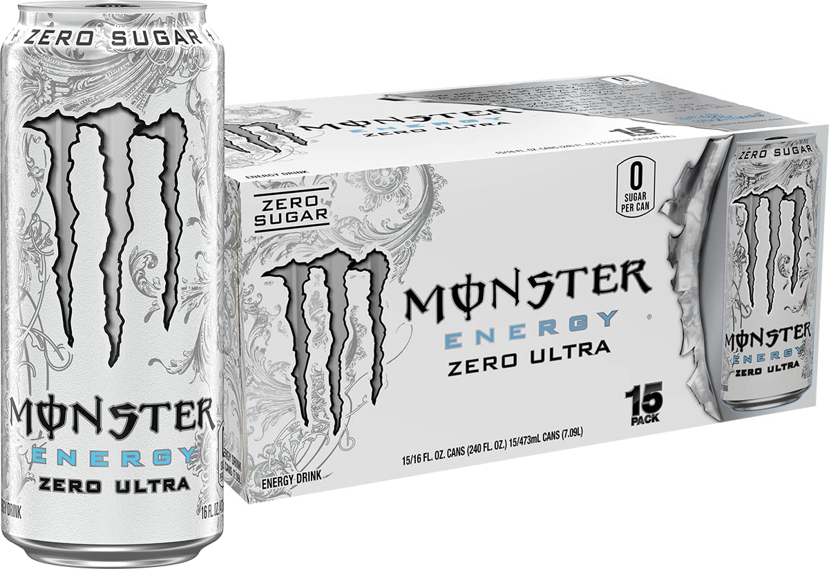 Monster Energy Zero Ultra can with white design highlighting zero sugar energy