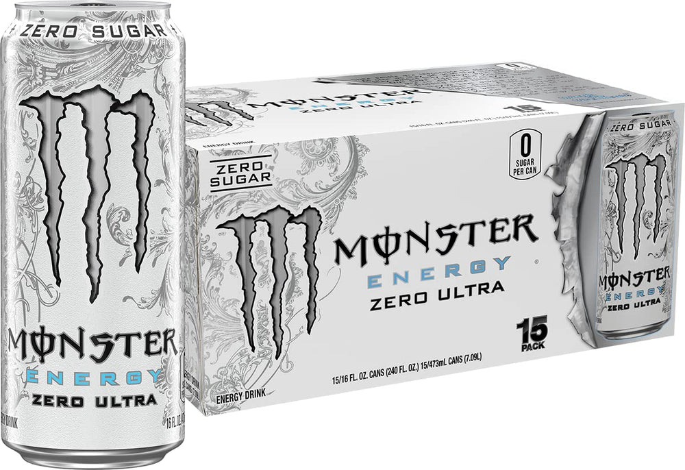 Monster Energy Zero Ultra can with white design highlighting zero sugar energy