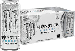 Monster Energy Zero Ultra can with white design highlighting zero sugar energy