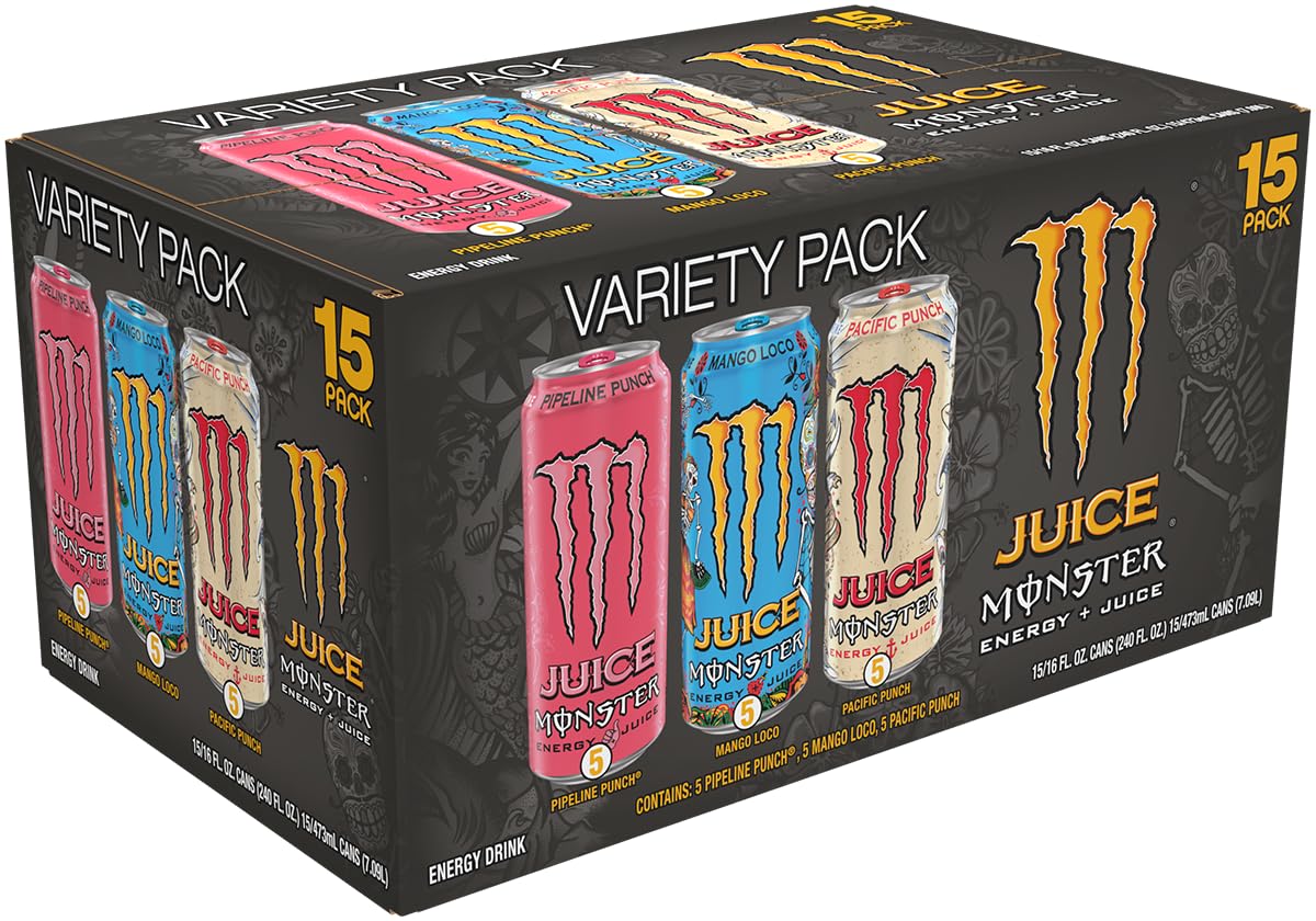 Monster Juice Mango Loco can pour emphasizes exotic fruit taste and energy.