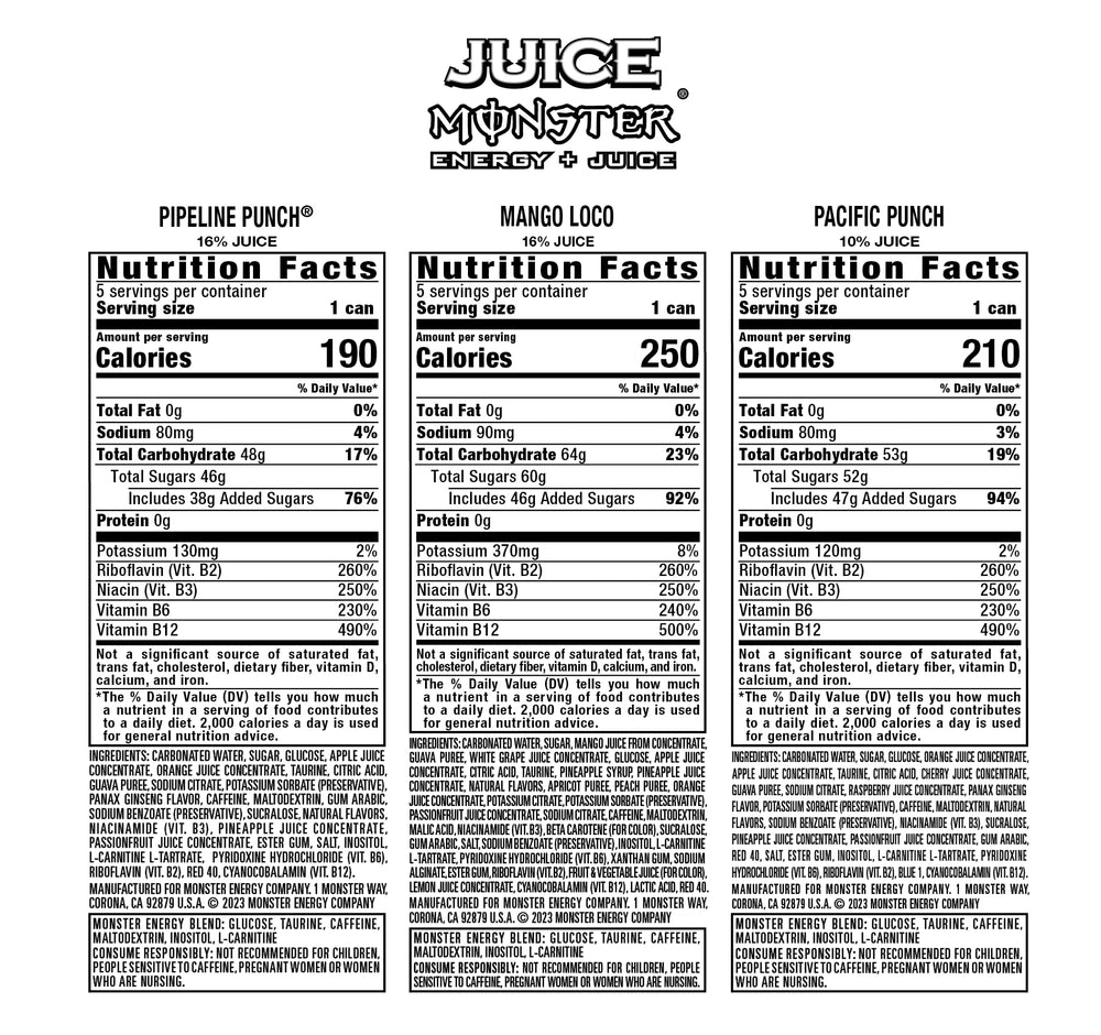 Monster Juice Pipeline Punch can label highlights tropical flavors and caffeine lift.