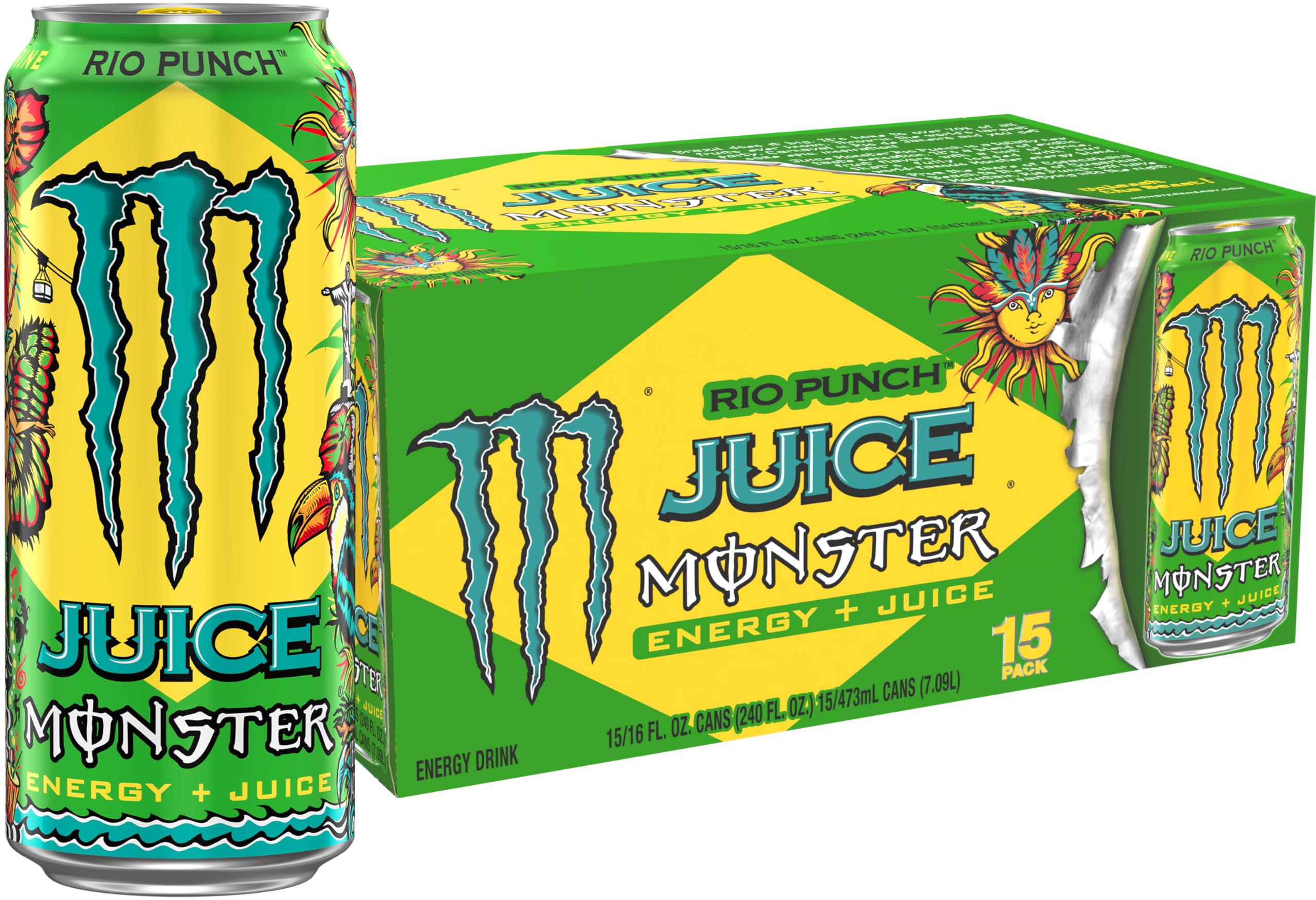 Monster Juice Rio Punch can front showing bold packaging for on-the-go energy