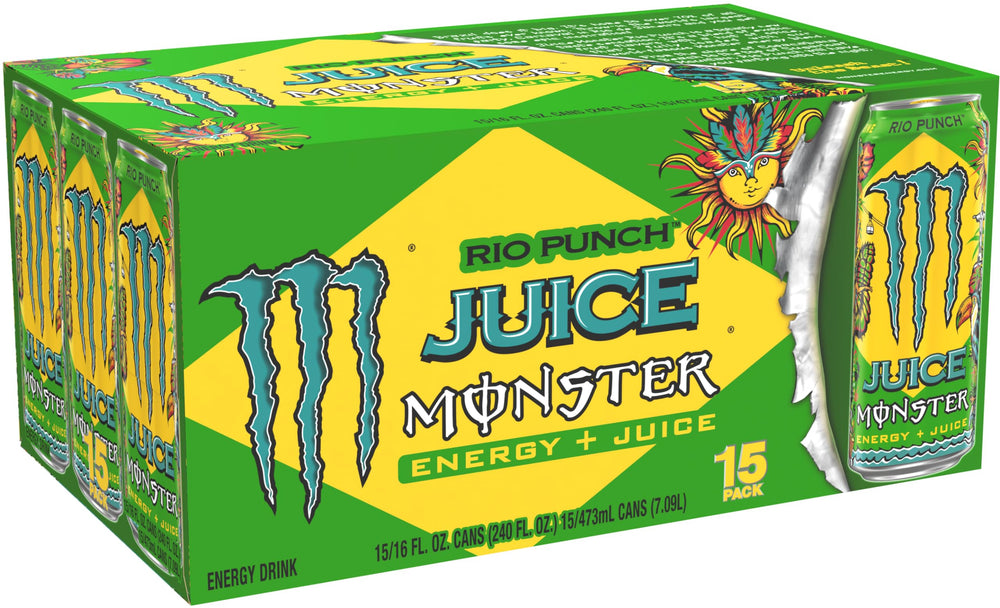 Monster Juice Rio Punch label closeup highlighting branding and energy blend