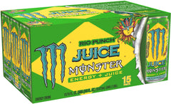 Monster Juice Rio Punch label closeup highlighting branding and energy blend