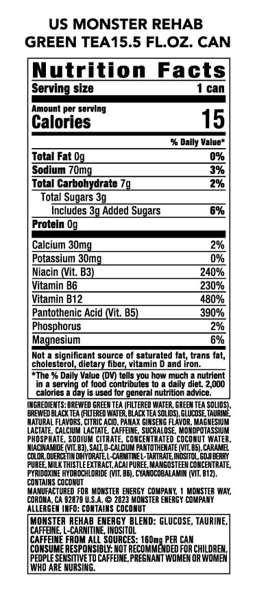 Close-up of Monster Rehab Green Tea can highlighting low-calorie energy option.