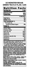 Close-up of Monster Rehab Green Tea can highlighting low-calorie energy option.