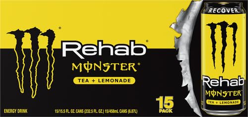 Closeup of Monster Rehab Tea Lemonade bottle highlighting the energized refreshment.