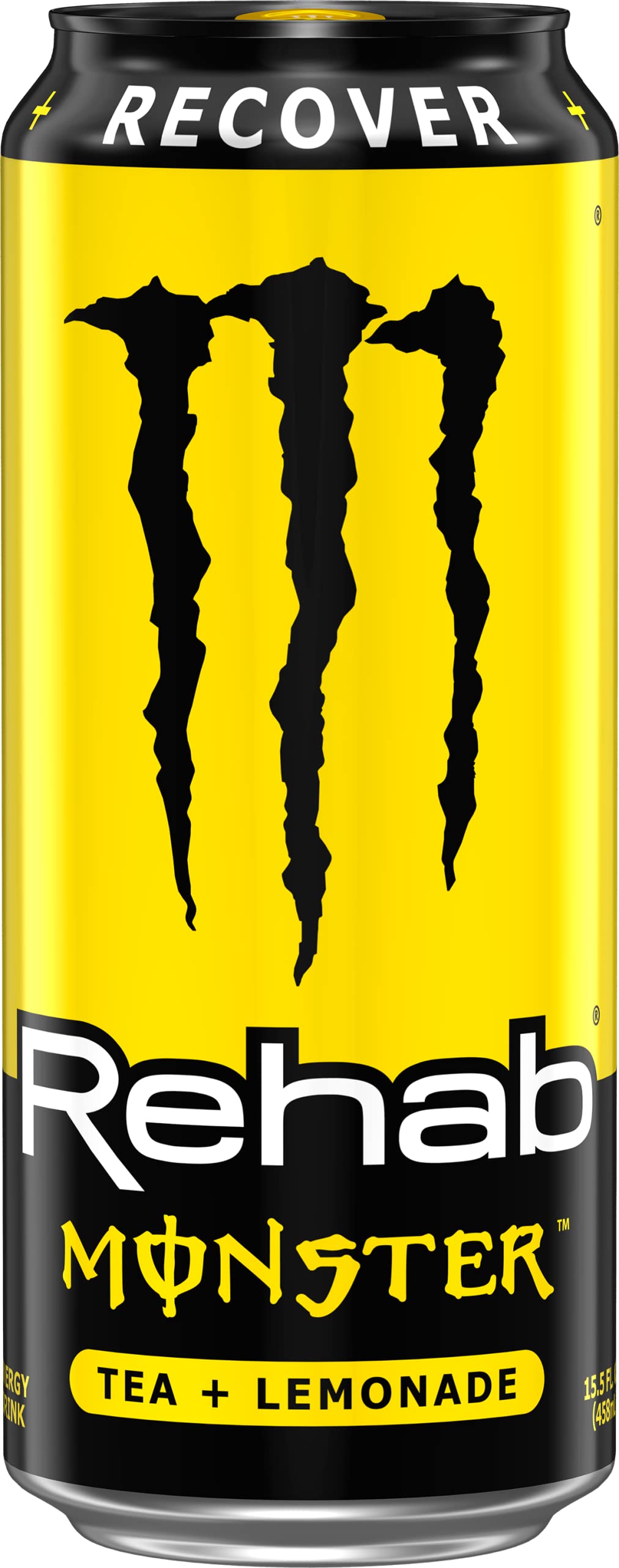 Monster Rehab Tea Lemonade label emphasizes vitamins and electrolytes for hydration support.