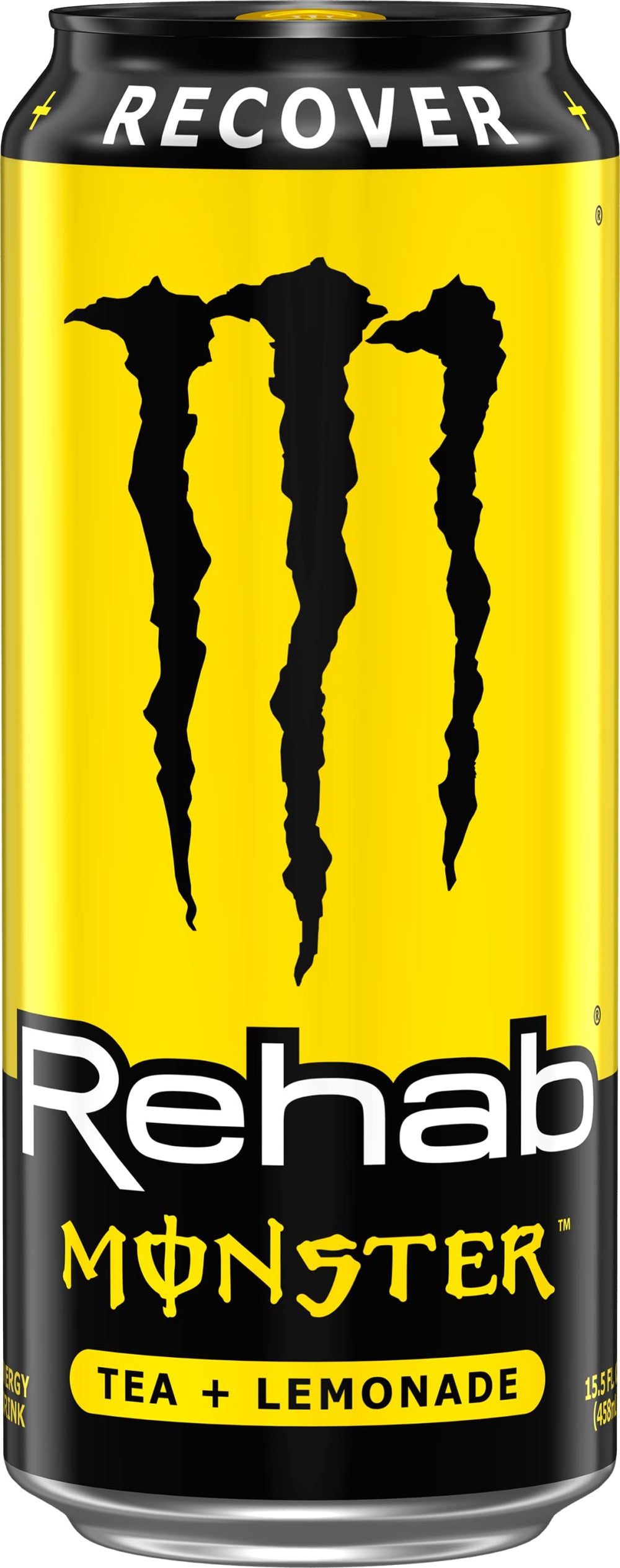 Monster Rehab Tea Lemonade label emphasizes vitamins and electrolytes for hydration support.