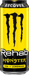 Monster Rehab Tea Lemonade label emphasizes vitamins and electrolytes for hydration support.