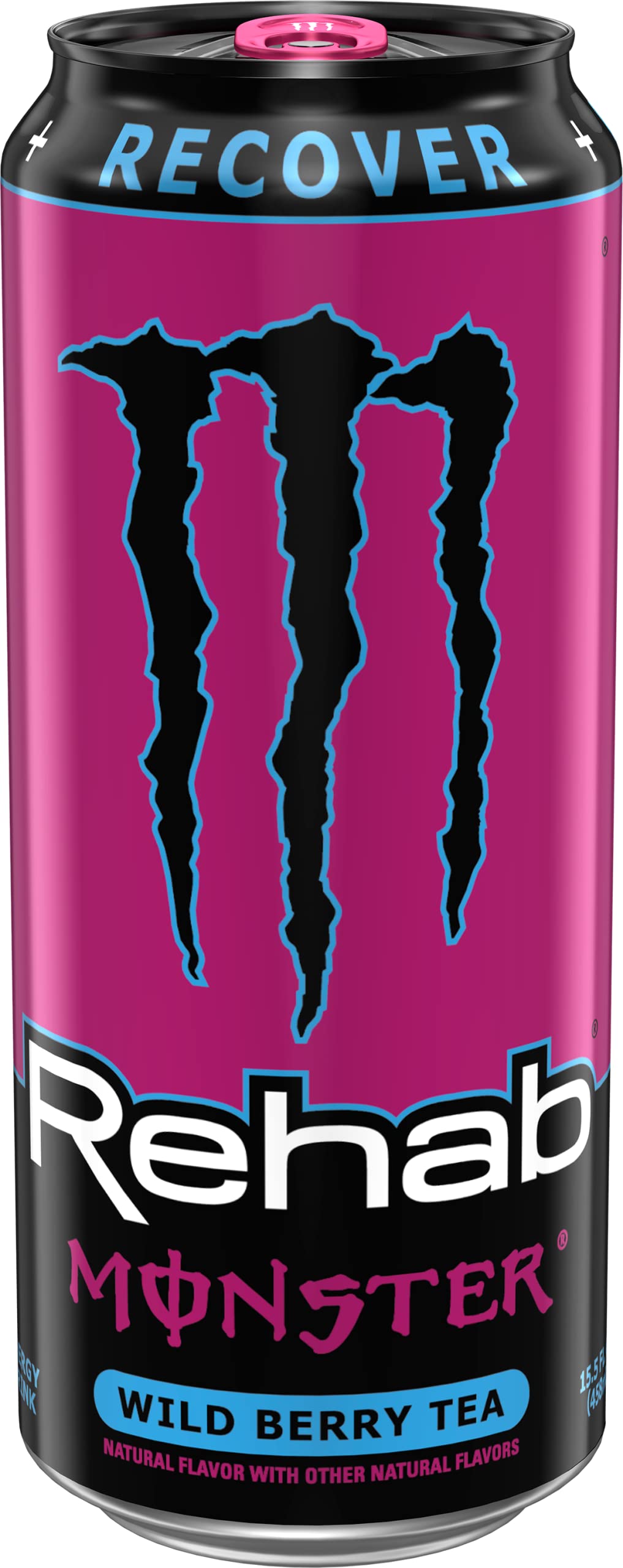 Close-up of Monster Rehab label signaling vitamins and electrolytes