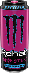 Close-up of Monster Rehab label signaling vitamins and electrolytes