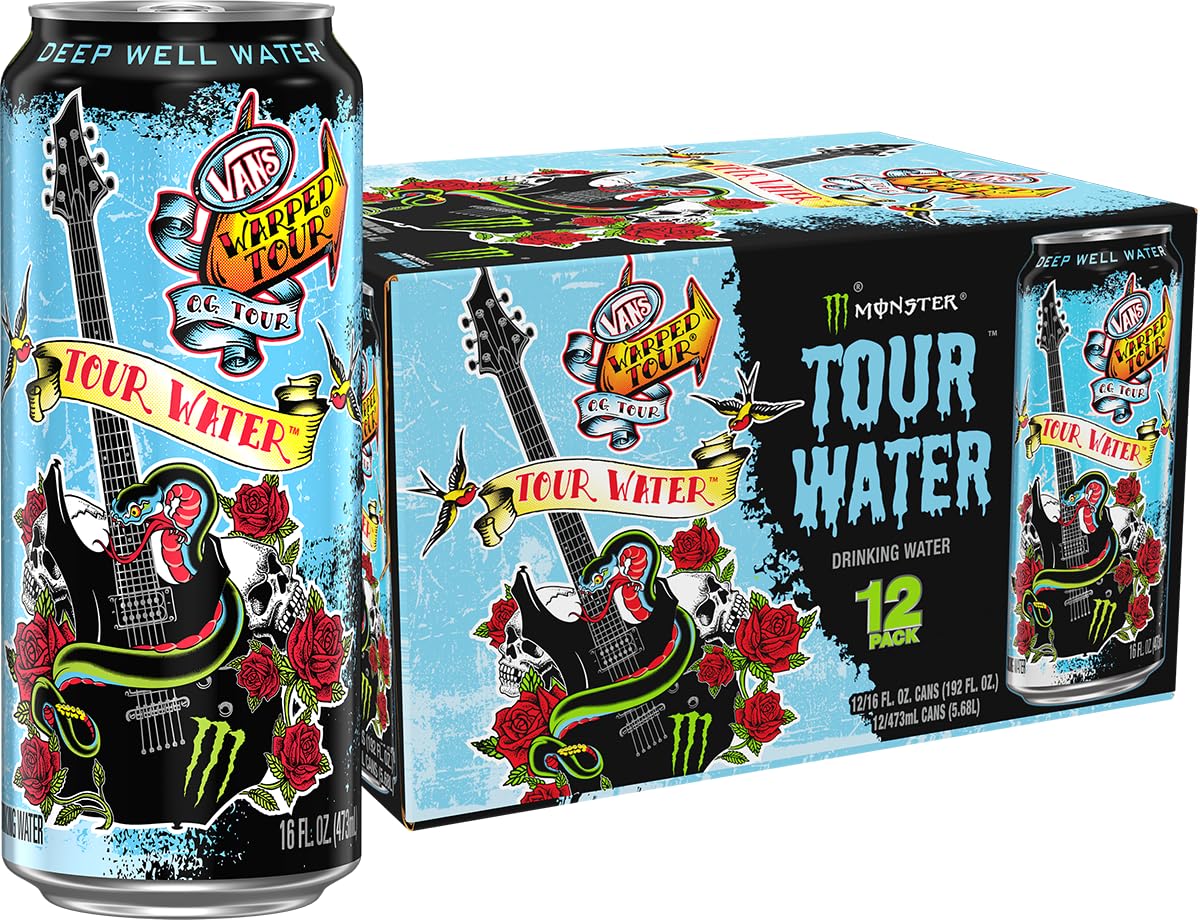 Monster Tour Water can front with bold branding and crisp hydration on the go.