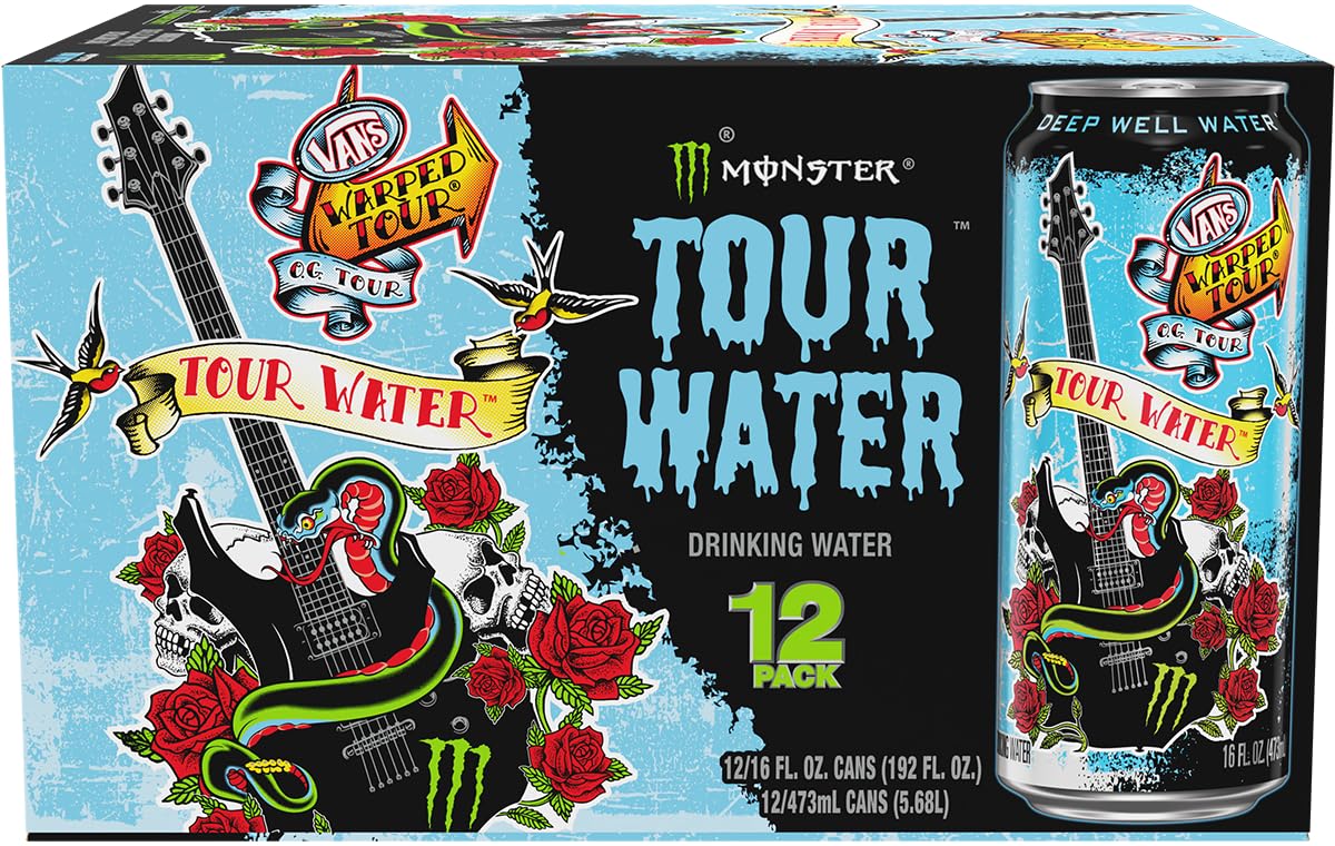 Pouring Monster Tour Water into a glass emphasizes refreshing, clean taste for everyday use.