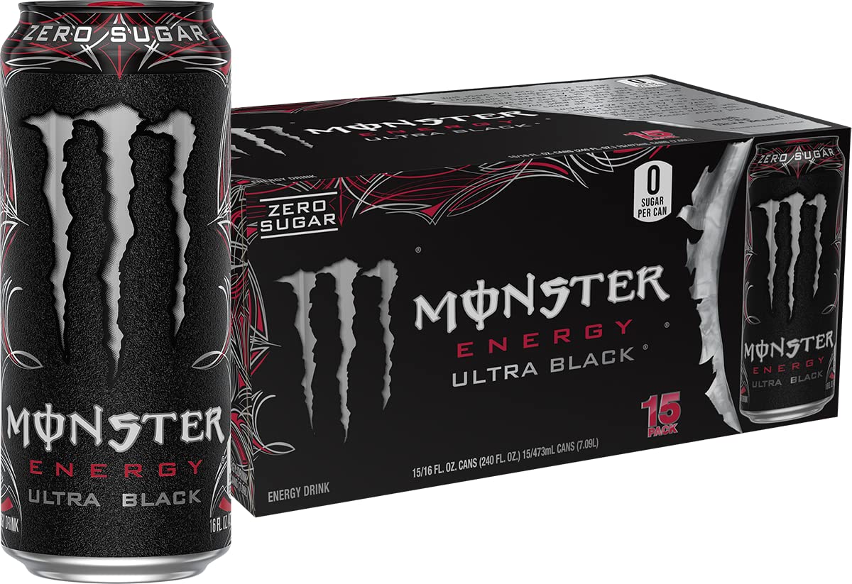 Monster Ultra Black can close-up showing zero sugar and bold flavor for workouts.