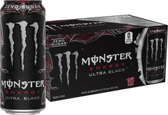 Monster Ultra Black can close-up showing zero sugar and bold flavor for workouts.