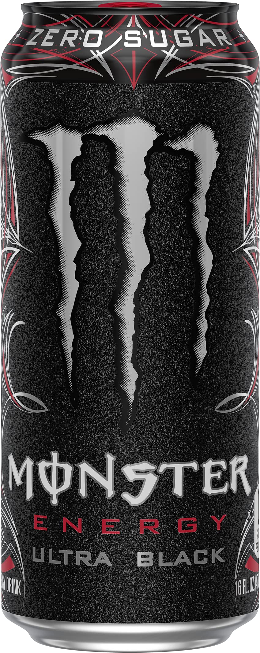 Monster Ultra Black cold can beside glass suggests crisp black cherry taste.