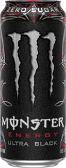 Monster Ultra Black cold can beside glass suggests crisp black cherry taste.